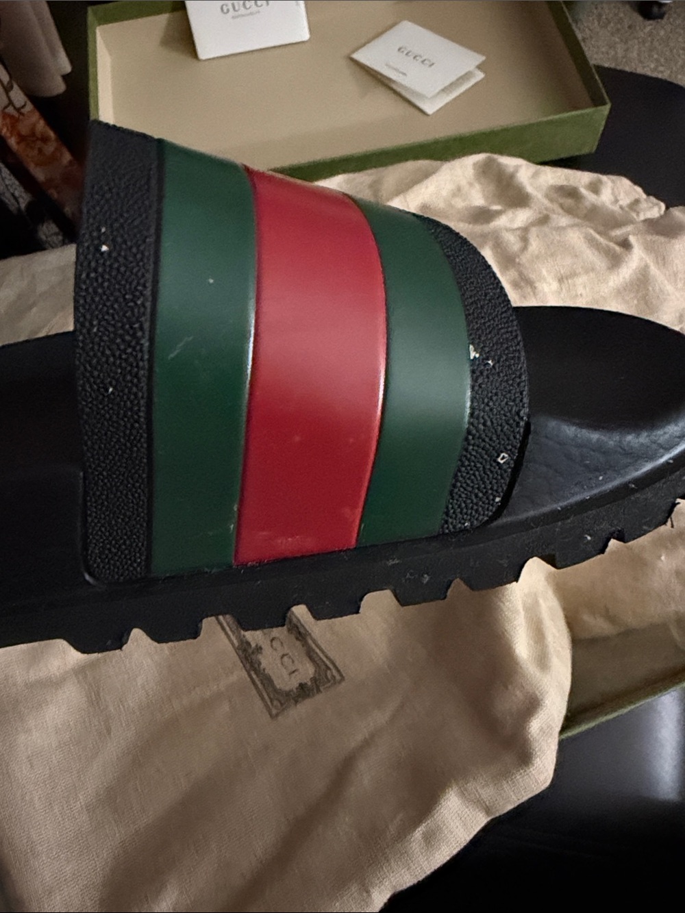 Gucci Black Slides with Green and Red Stripes - Picture 10 of 13